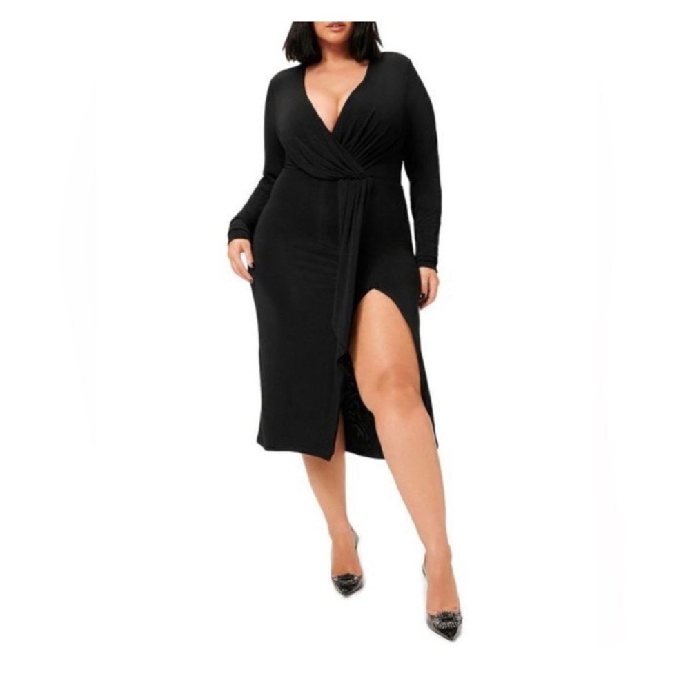 Good American Faux Wrap Midi Dress Glam Black Size 2 (M) High Slit V-Neck